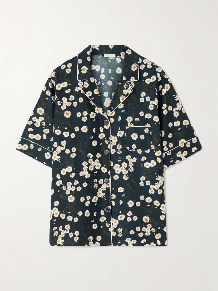 Eres Romance Je T'aime Piped Floral-print Silk Pajama Top