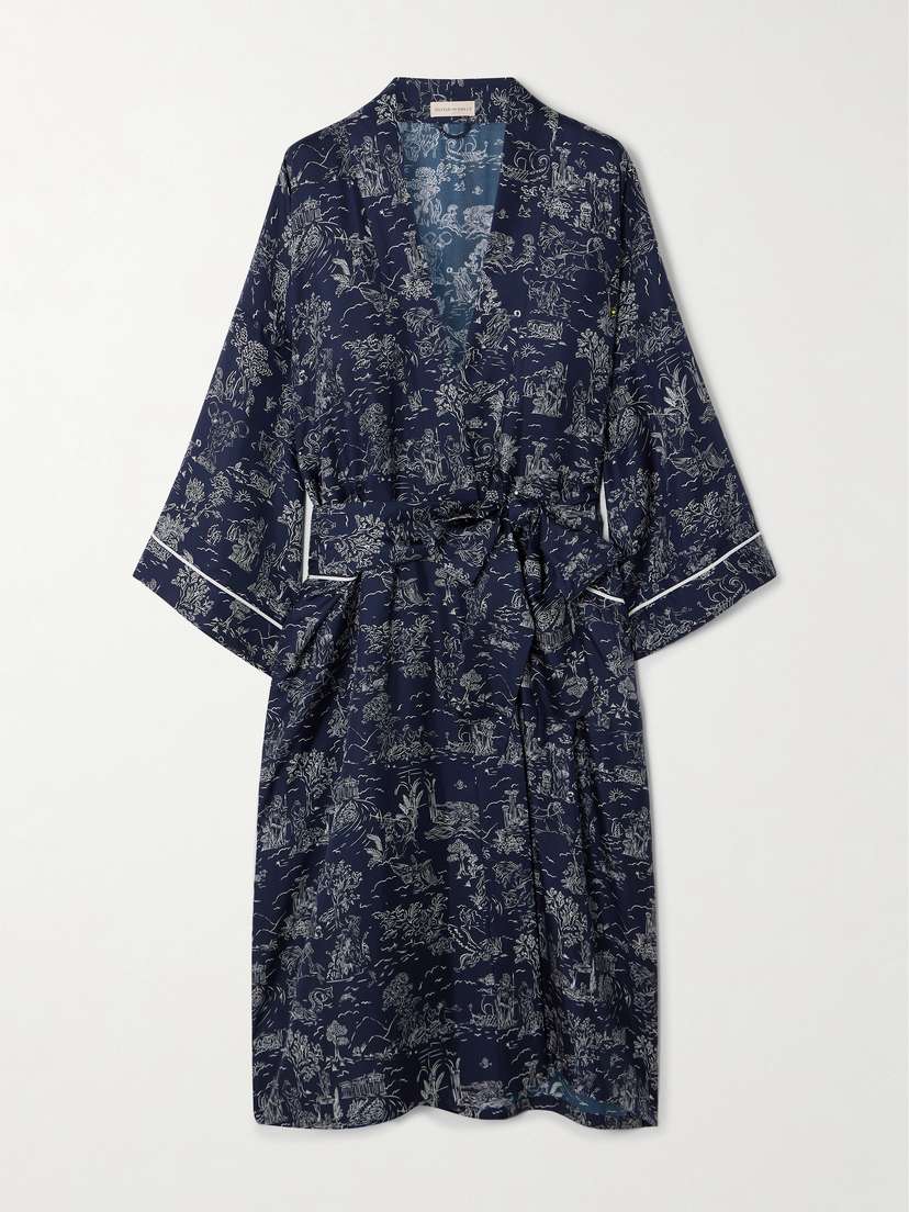 Olivia von Halle Sabine Piped Printed Silk Robe