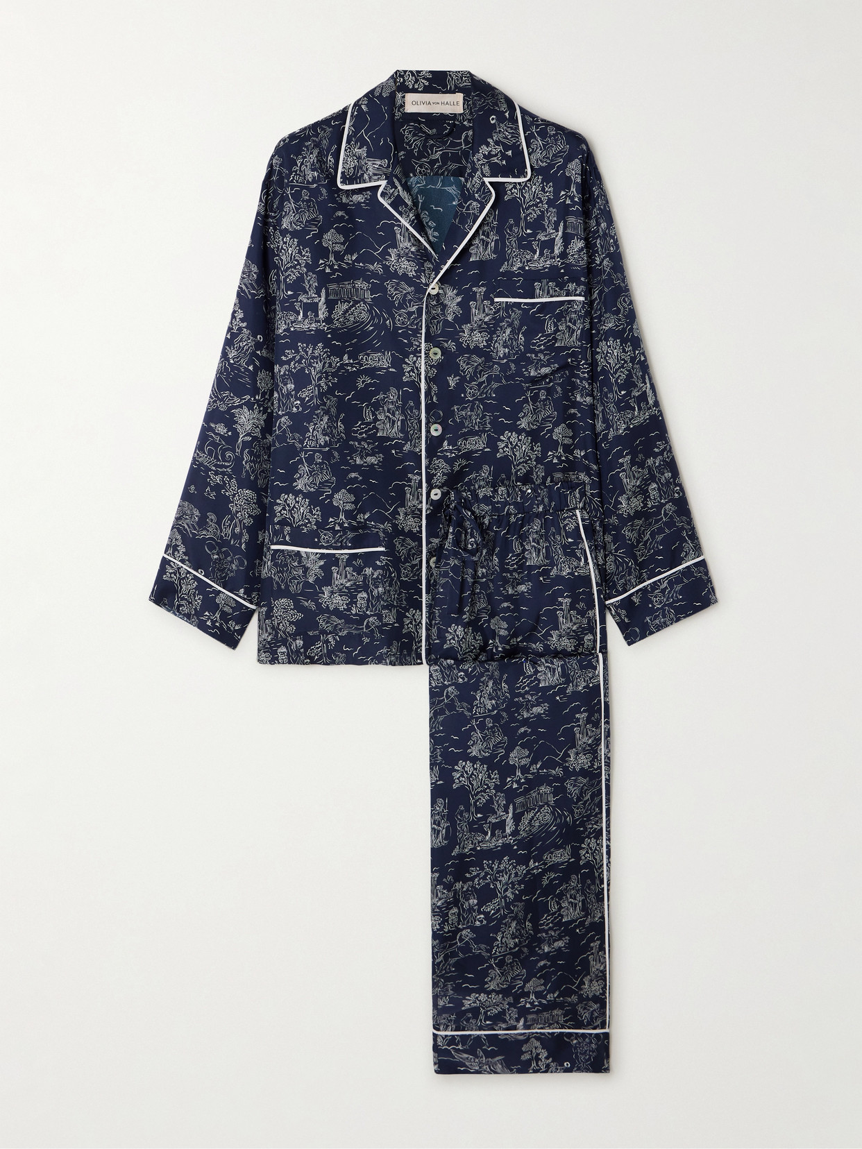 Olivia von Halle - Yves Piped Printed Silk-twill Pajamas - Blue