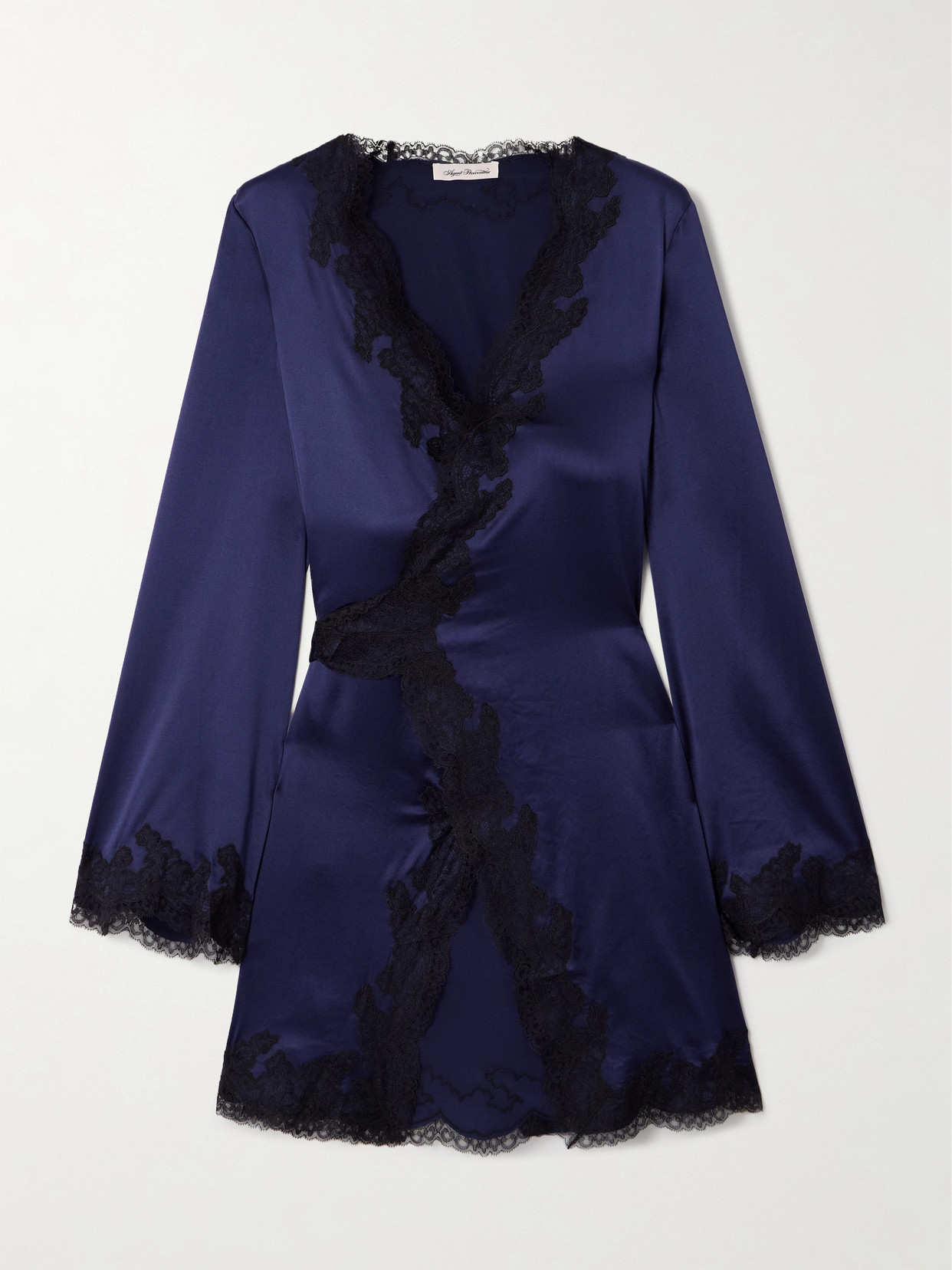 Agent Provocateur Amelea Belted Lace-trimmed Silk-blend Satin Dressing Gown In Blue