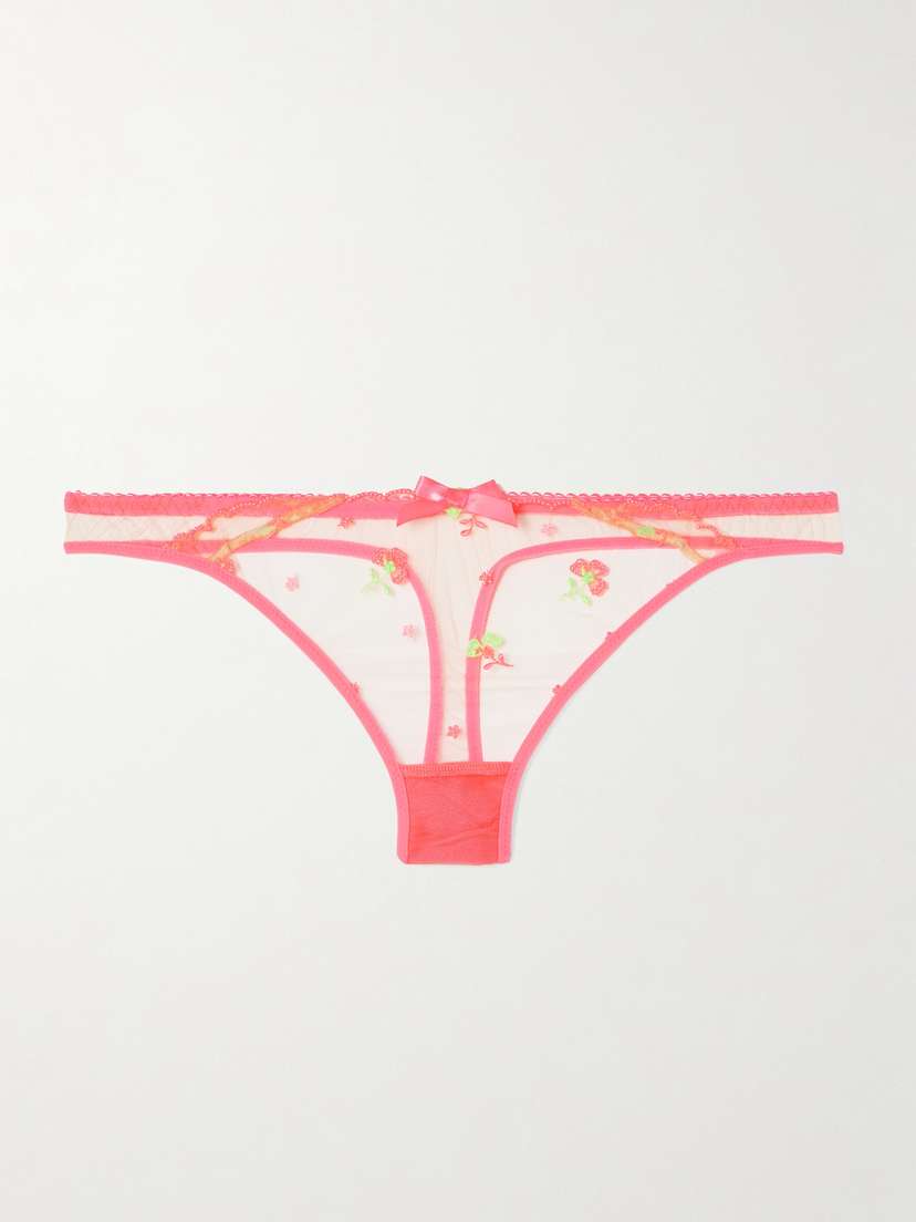 Agent Provocateur Willowe Bow-detail Satin-trimmed Embroidered Tulle Thong