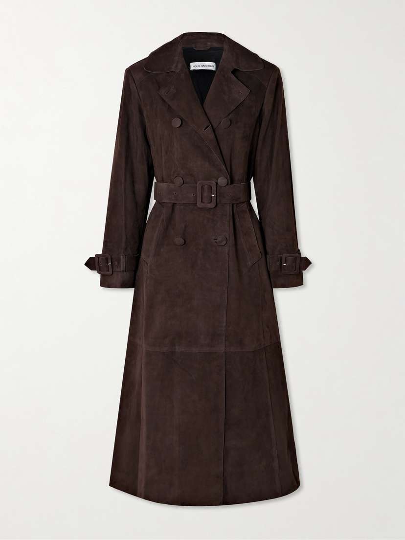 Nour Hammour Tate Belted Paneled Double-breasted Suede Trench Coat