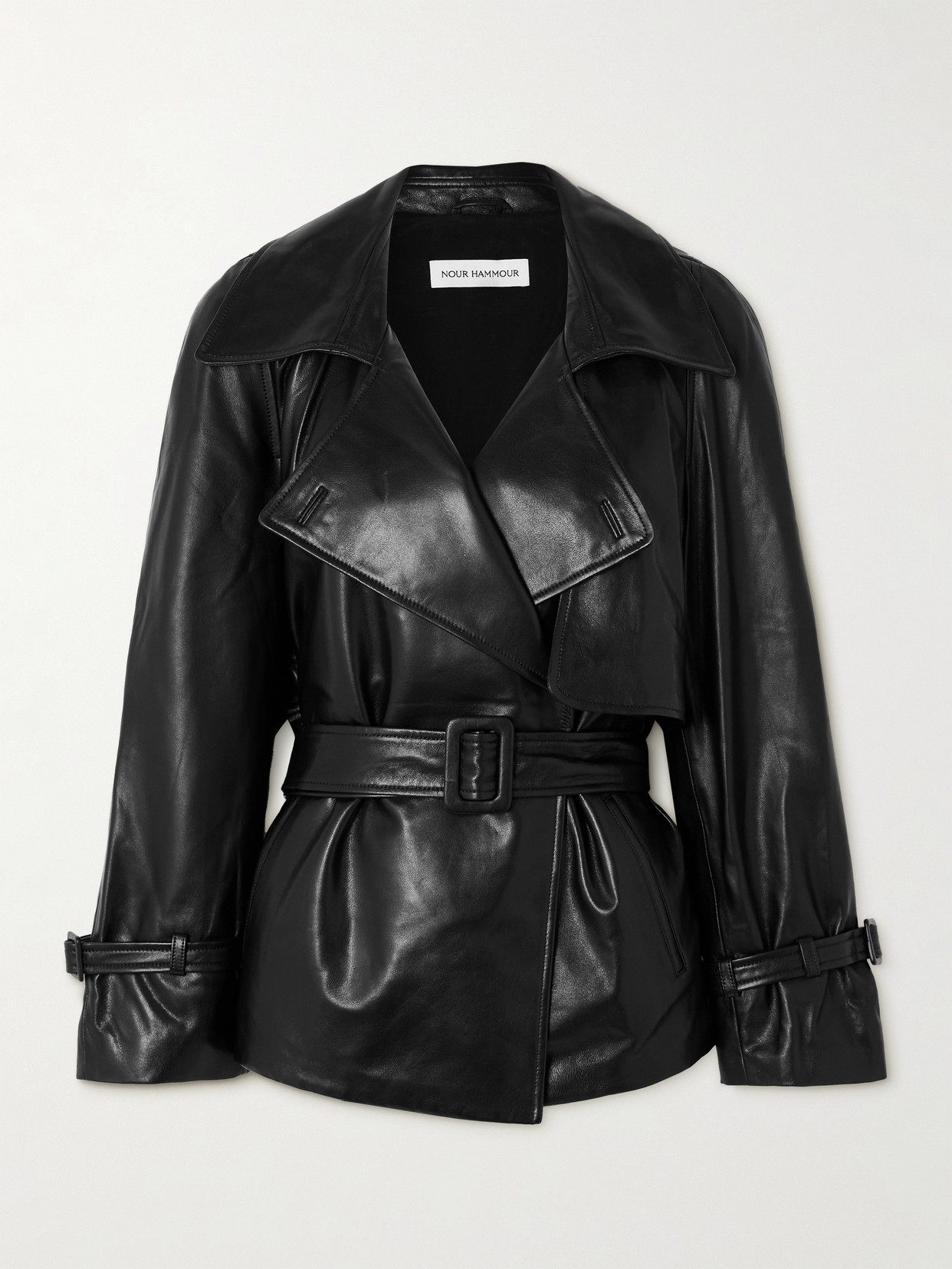 Nour Hammour Brea Oversized Belted Leather Jacket In Black
