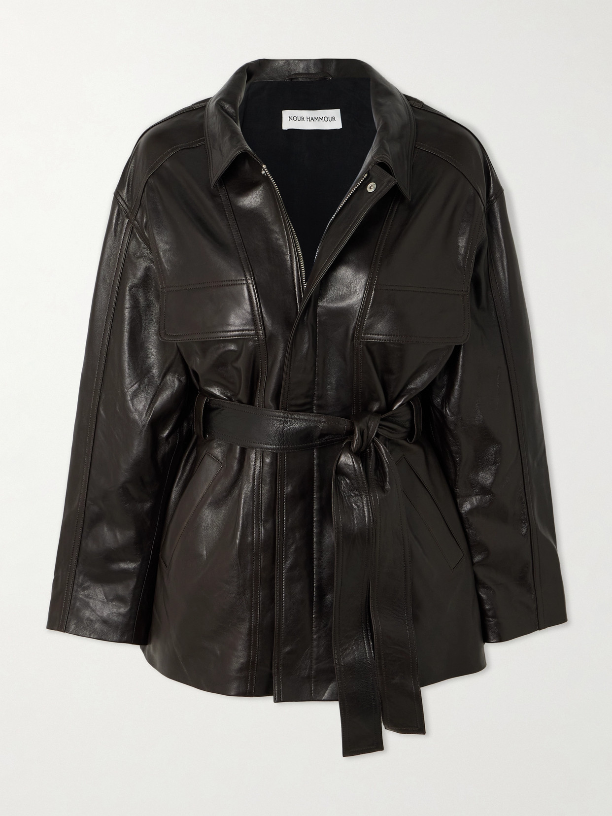 Nour Hammour - Zakary Belted Paneled Leather Jacket - Brown