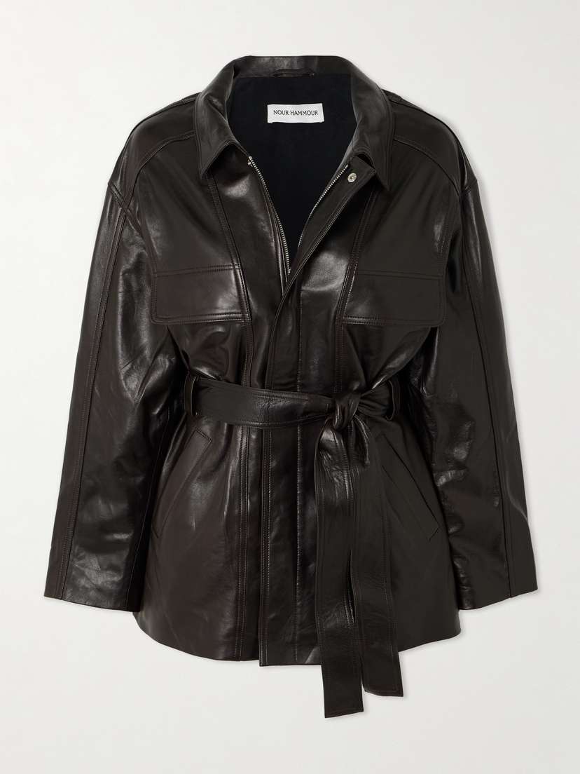 Nour Hammour Zakary Belted Paneled Leather Jacket
