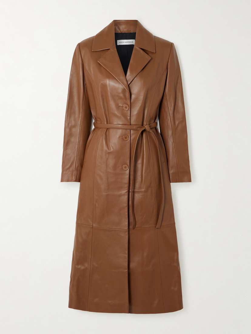 Nour Hammour Tamara Belted Paneled Leather Coat