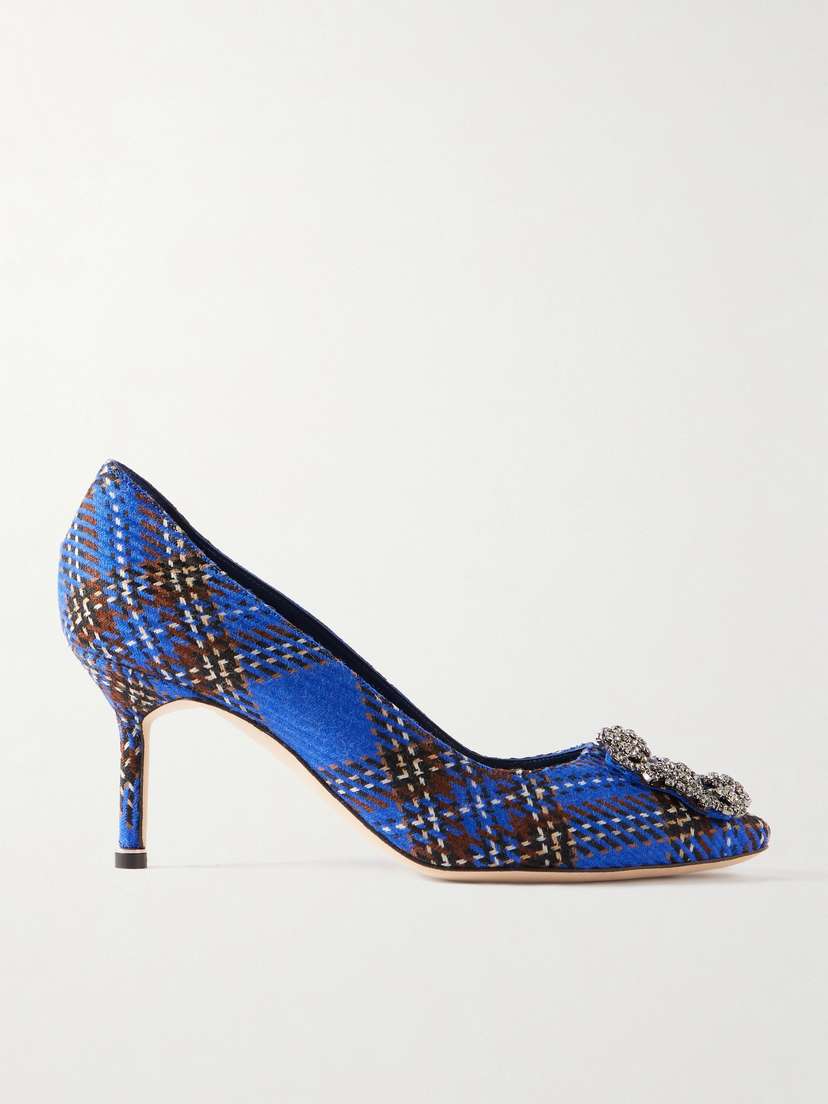 Manolo Blahnik Hangisi 70 Crystal-embellished Checked Wool Pumps