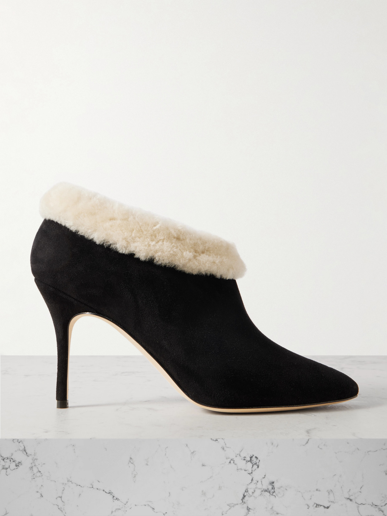 Manolo Blahnik Escaria 90 Shearling-trimmed Suede Ankle Boots In Black