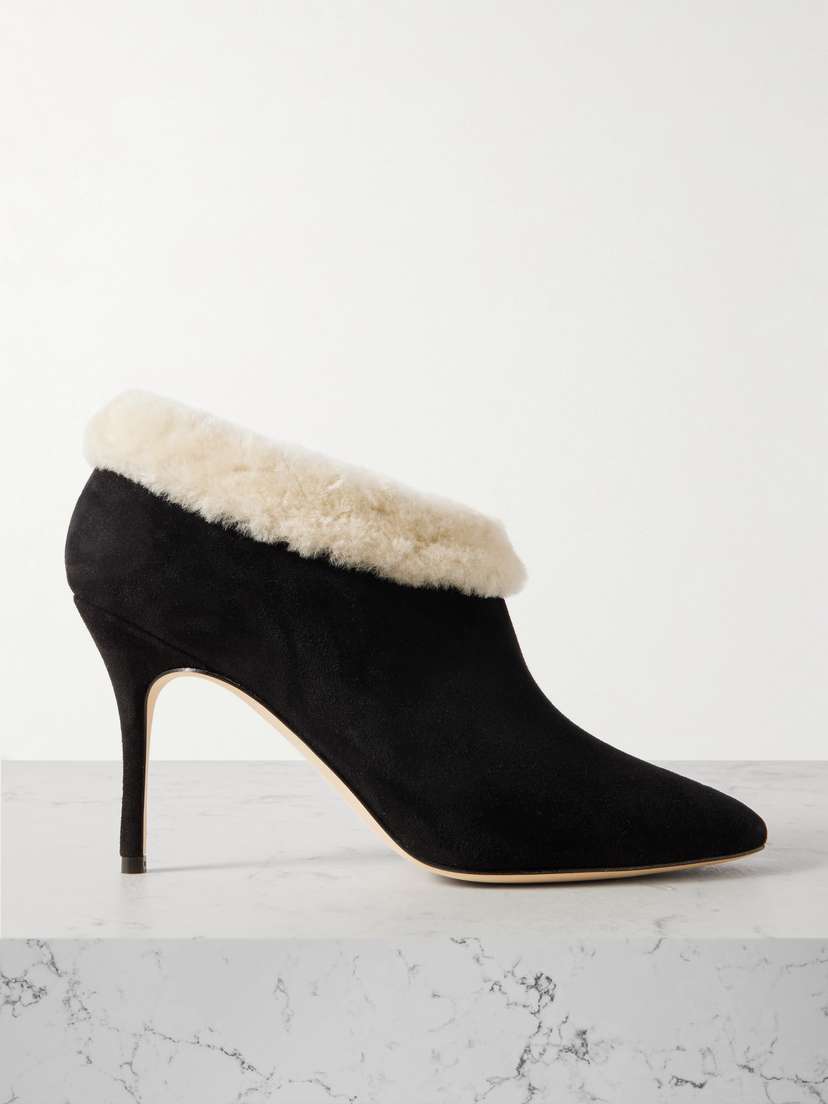 Manolo Blahnik Escaria 90 Shearling-trimmed Suede Ankle Boots