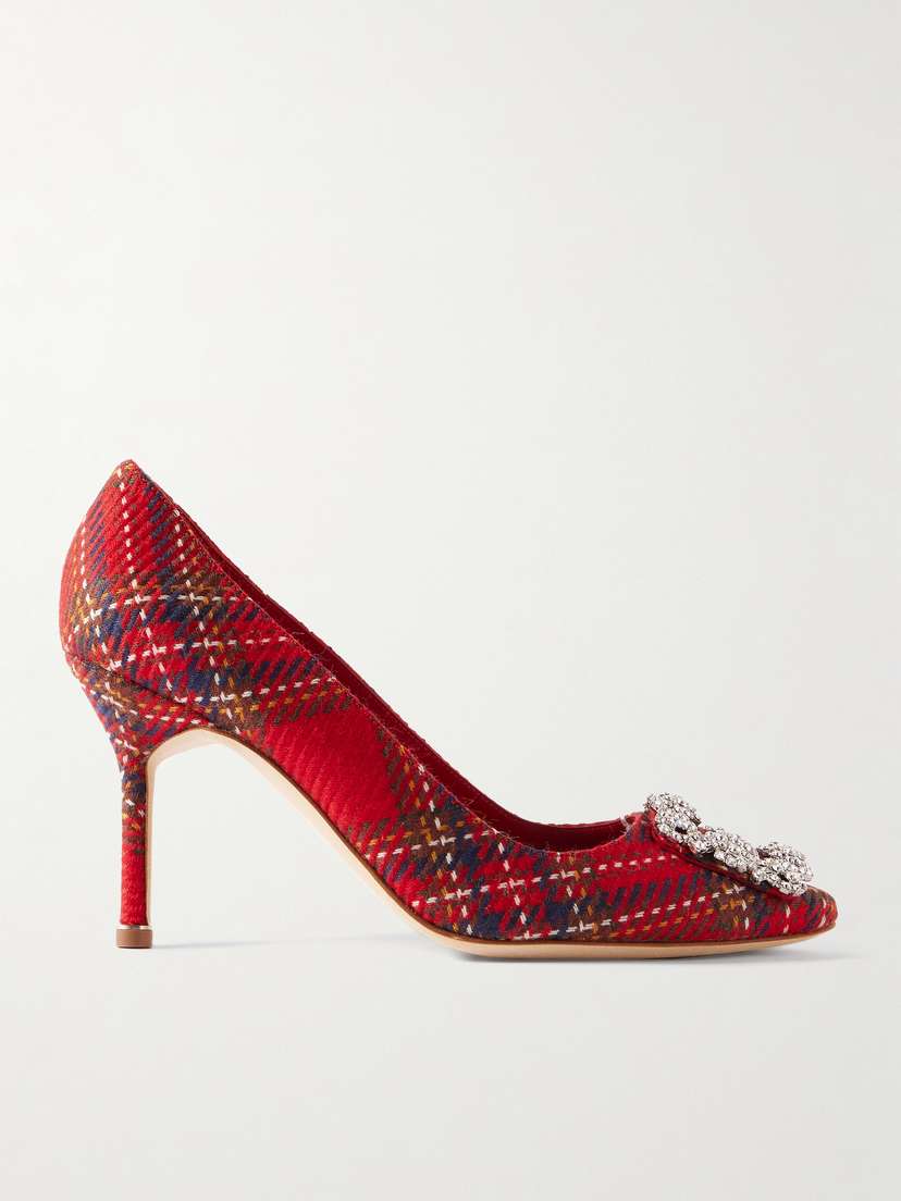 Manolo Blahnik Hangisi 90 Crystal-embellished Checked Wool Pumps