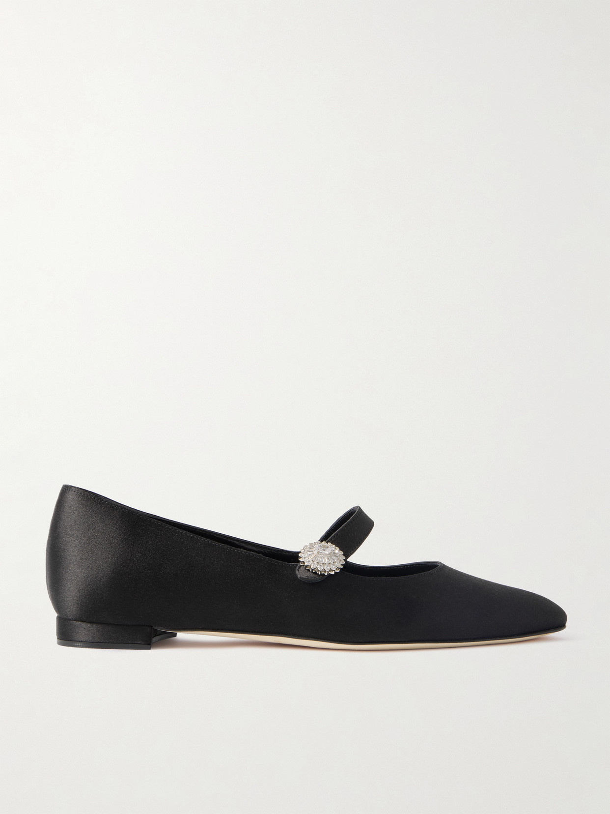 Manolo Blahnik Satin Crystal Mary Jane Ballerina Flats In Black