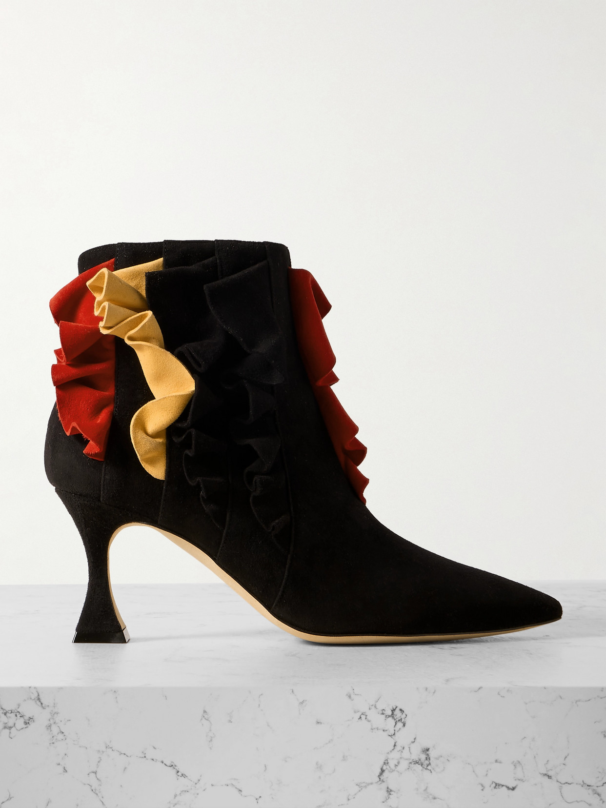 Manolo Blahnik Pompa 70 Ruffled Suede Pointed-toe Ankle Boots In Black