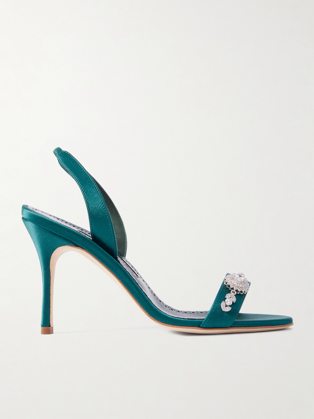 Manolo Blahnik Lamisan 90 Crystal-embellished Satin Slingback Sandals In Green