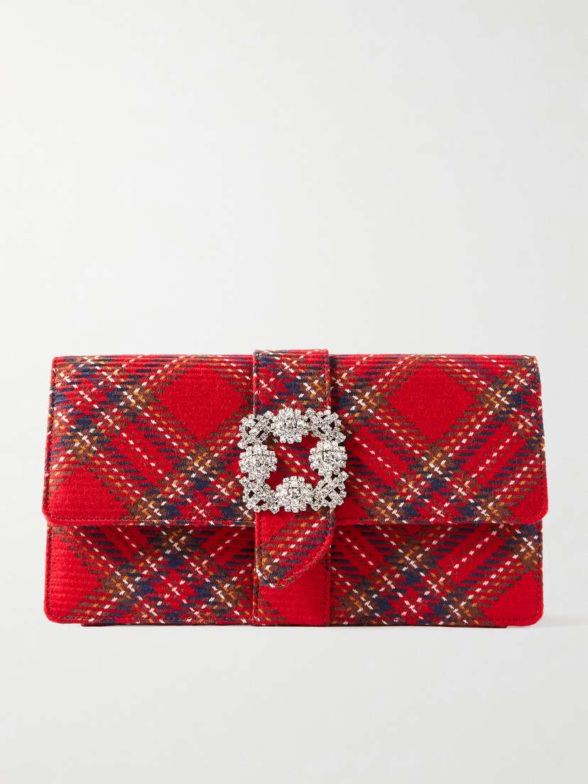 Manolo Blahnik Capri Crystal-embellished Checked Wool Clutch