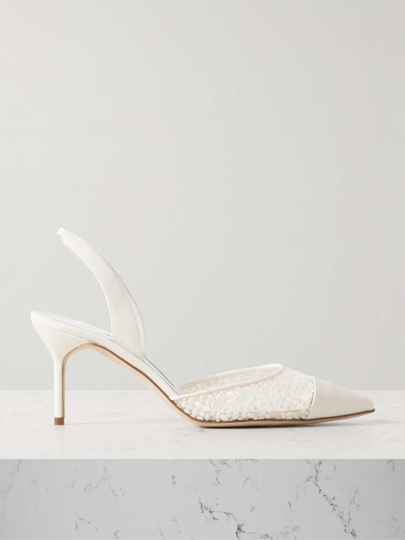 Manolo Blahnik Capsli 70 Embroidered Lace And Crepe Pointed-toe Slingback Pumps