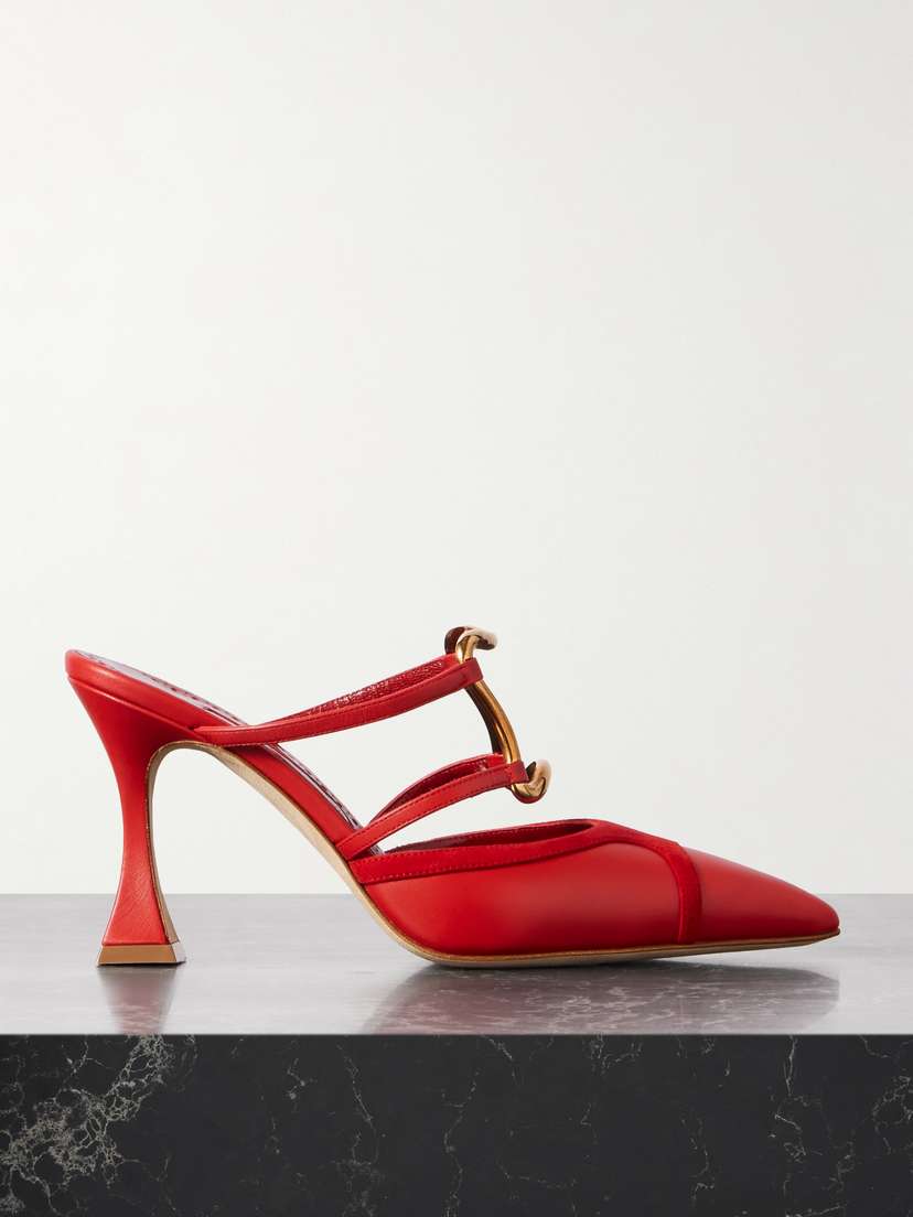 Manolo Blahnik Tituta 90 Embellished Suede-trimmed Leather Mules