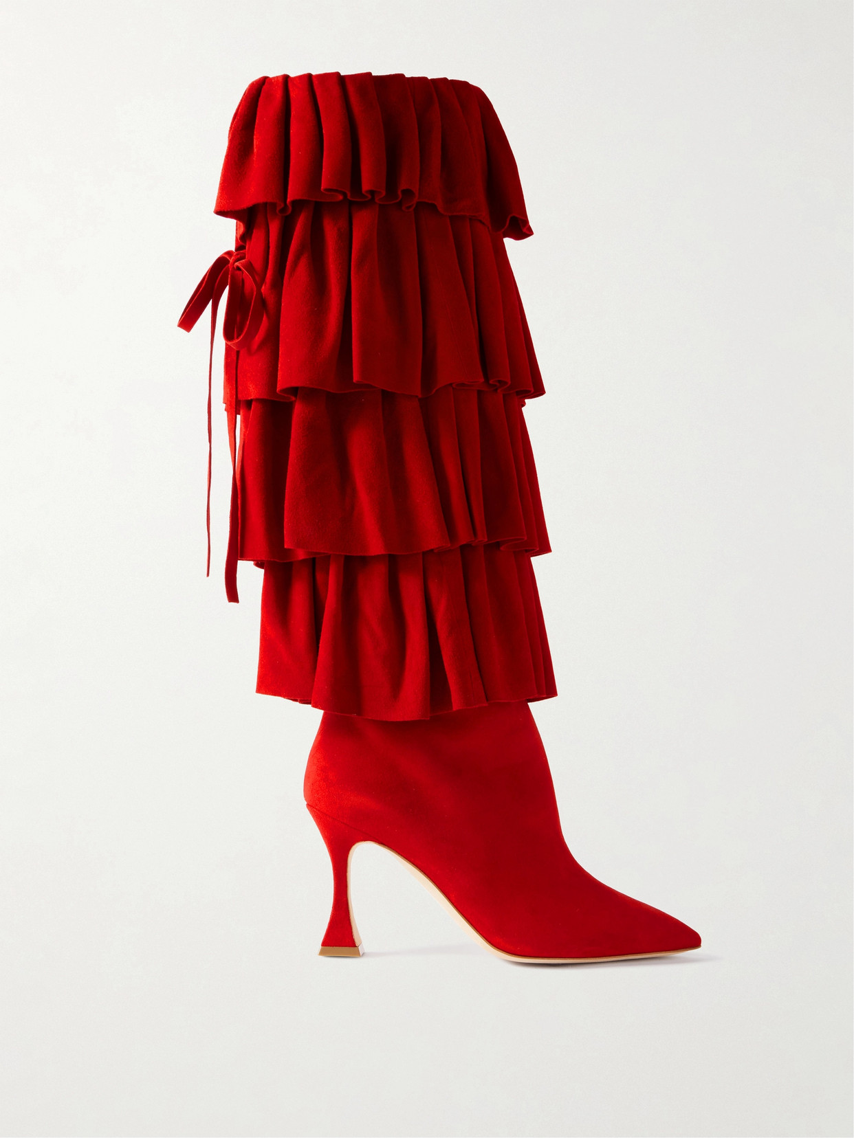 Manolo Blahnik Mifalone 90 Tiered Ruffled Suede Knee Boots In Red