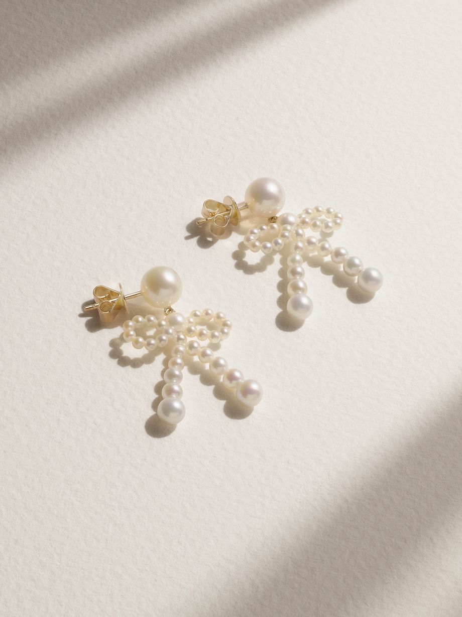 Bow 14-karat recycled gold pearl earrings