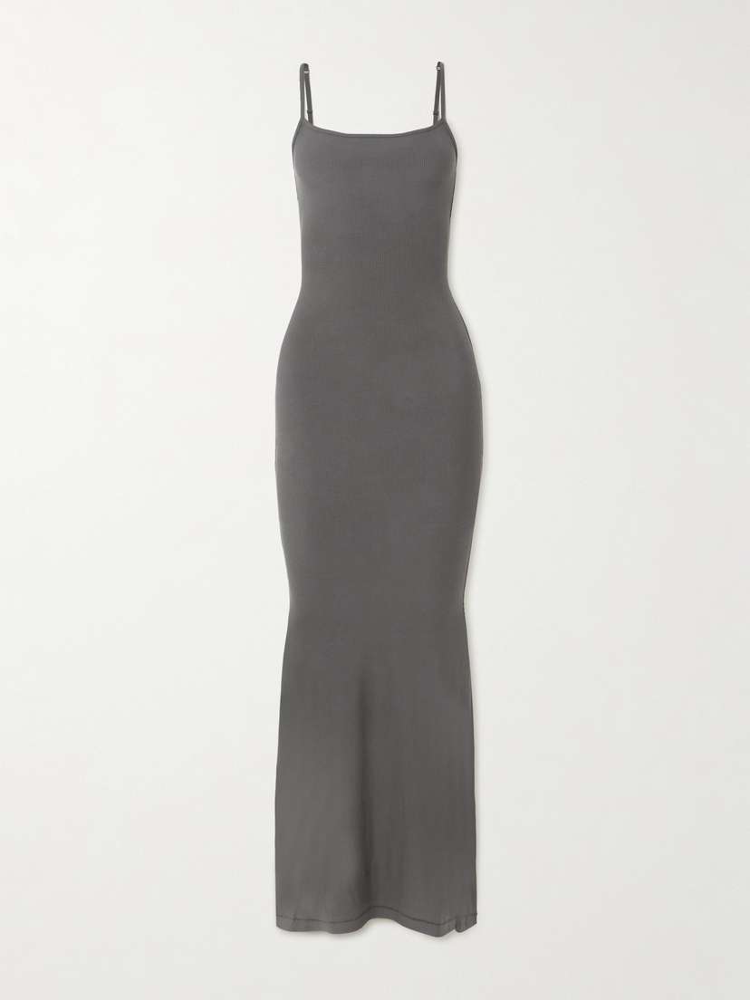 Skims Soft Lounge Ribbed Long Stretch-modal Slip Dress - Gunmetal