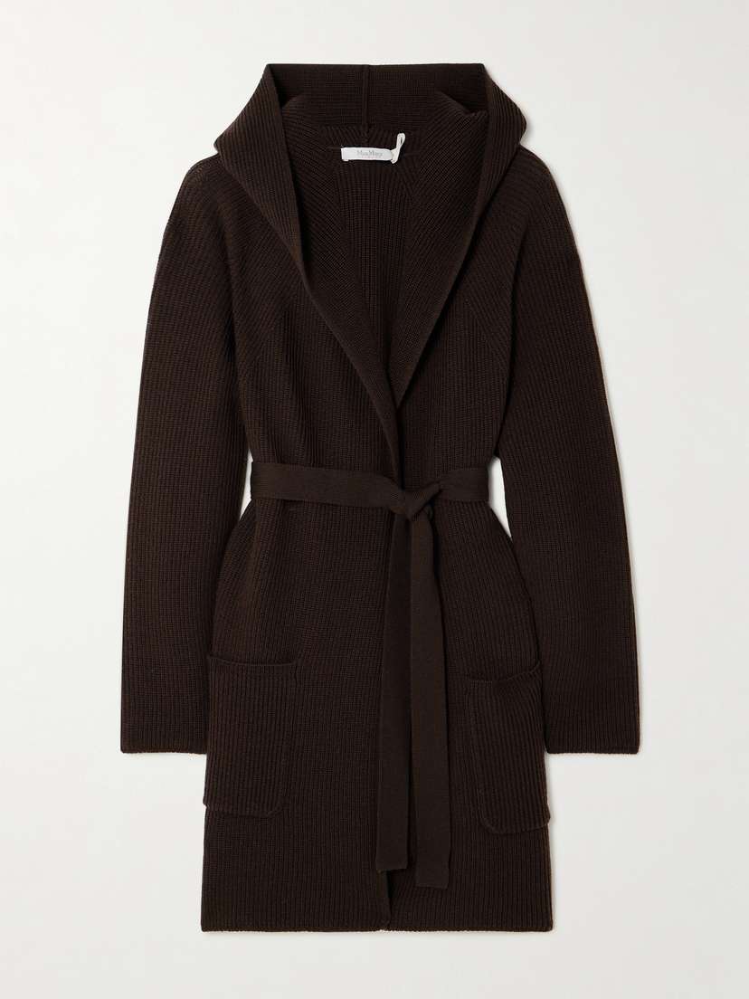 Max Mara Finezza Belted Ribbed Wool Hooded Cardigan
