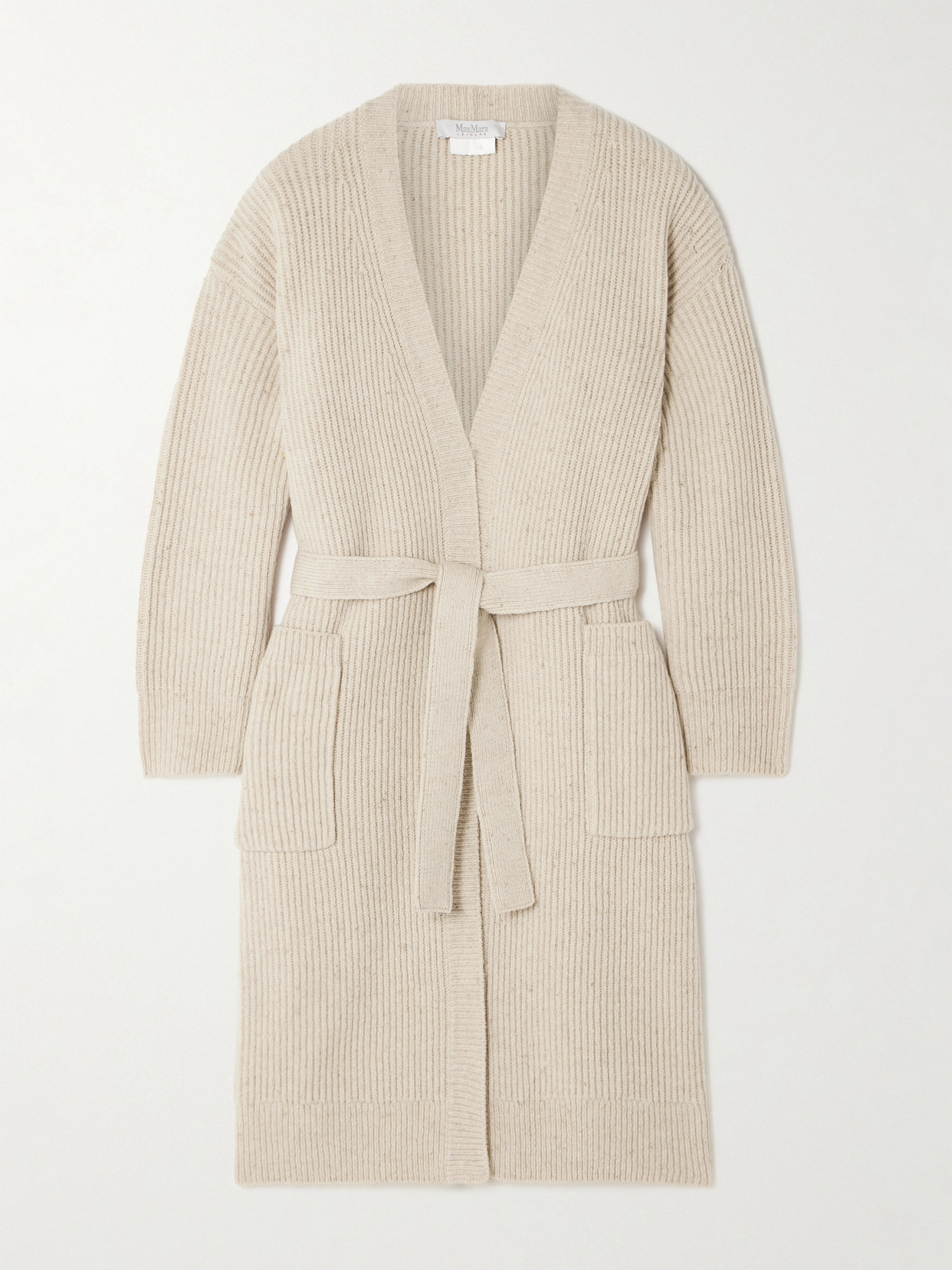 Max Mara - Belted Faux Leather-trimmed Rib-knit Wool-blend Cardigan - Neutrals