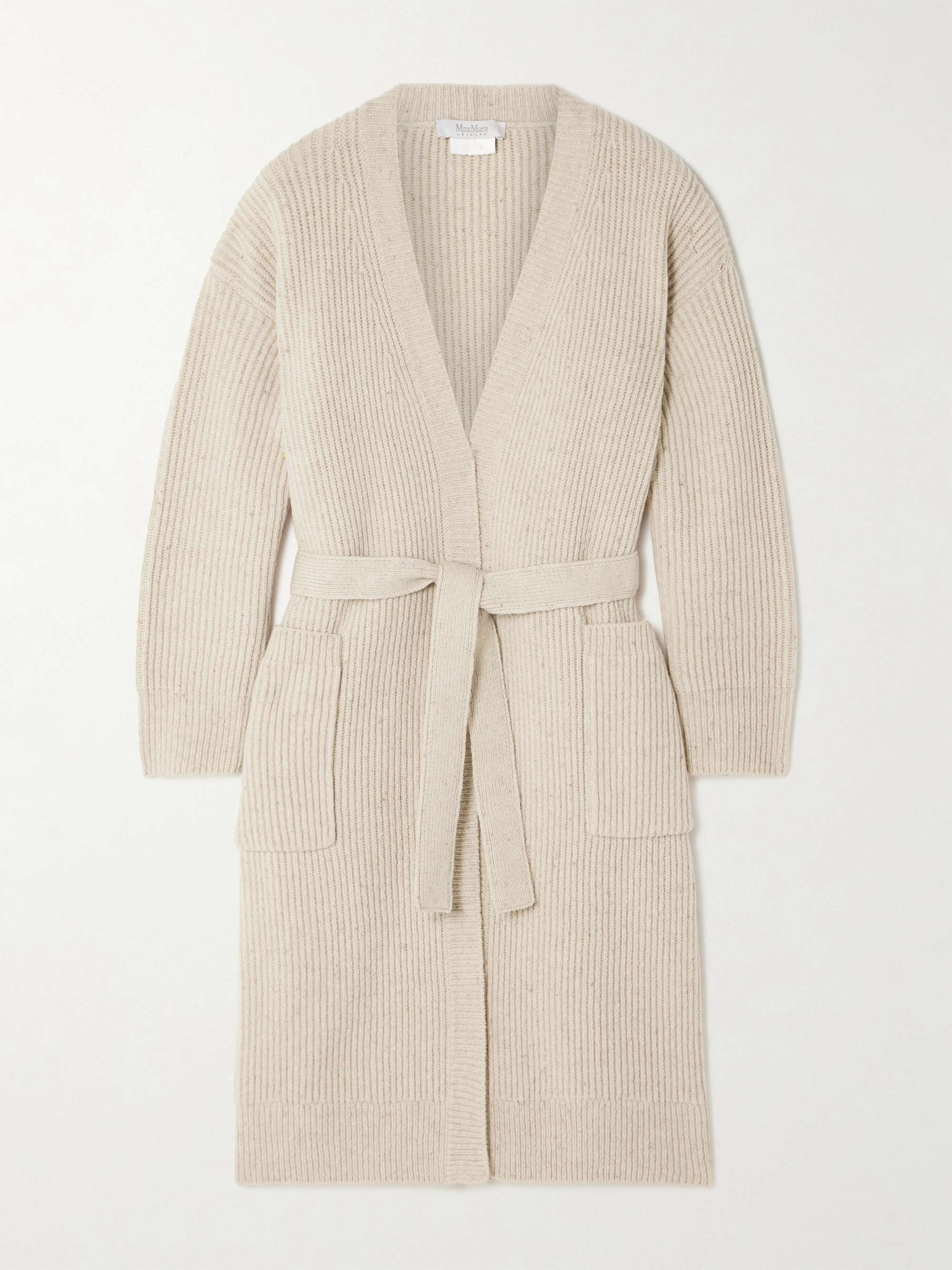 MAX MARA Belted faux leather-trimmed rib-knit wool-blend