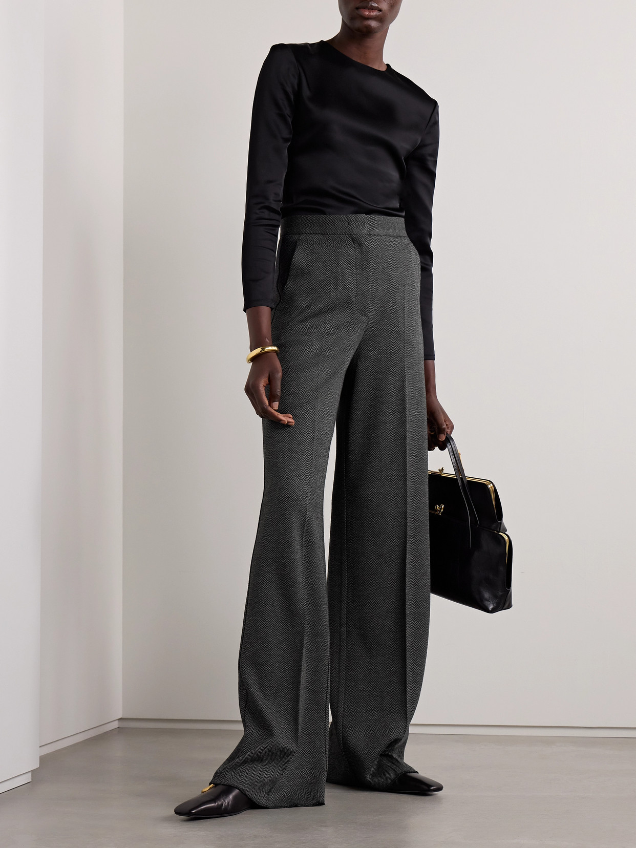 Max Mara Pleated Herringbone Wool-blend Wide-leg Pants In Gray