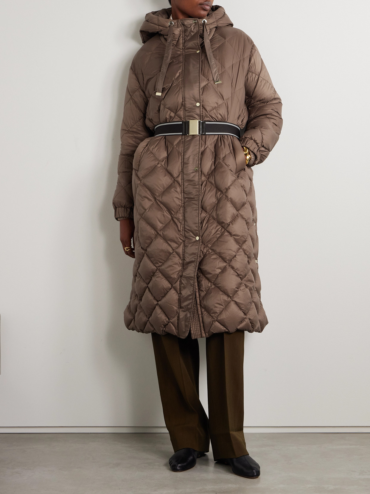 Max Mara The Cube Trefel Belted Hooded Quilted Shell Down Coat In Brown