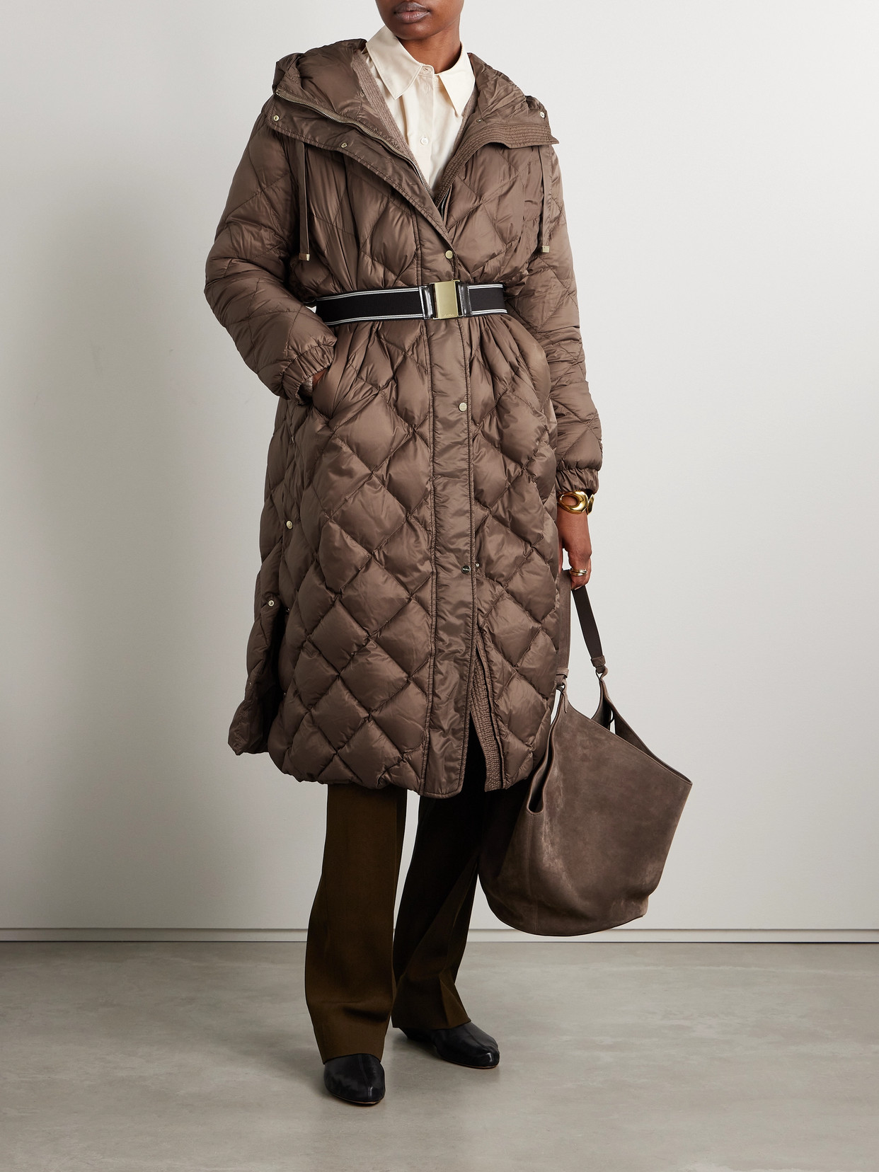 Max Mara The Cube Trefel Belted Hooded Quilted Shell Down Coat In Brown