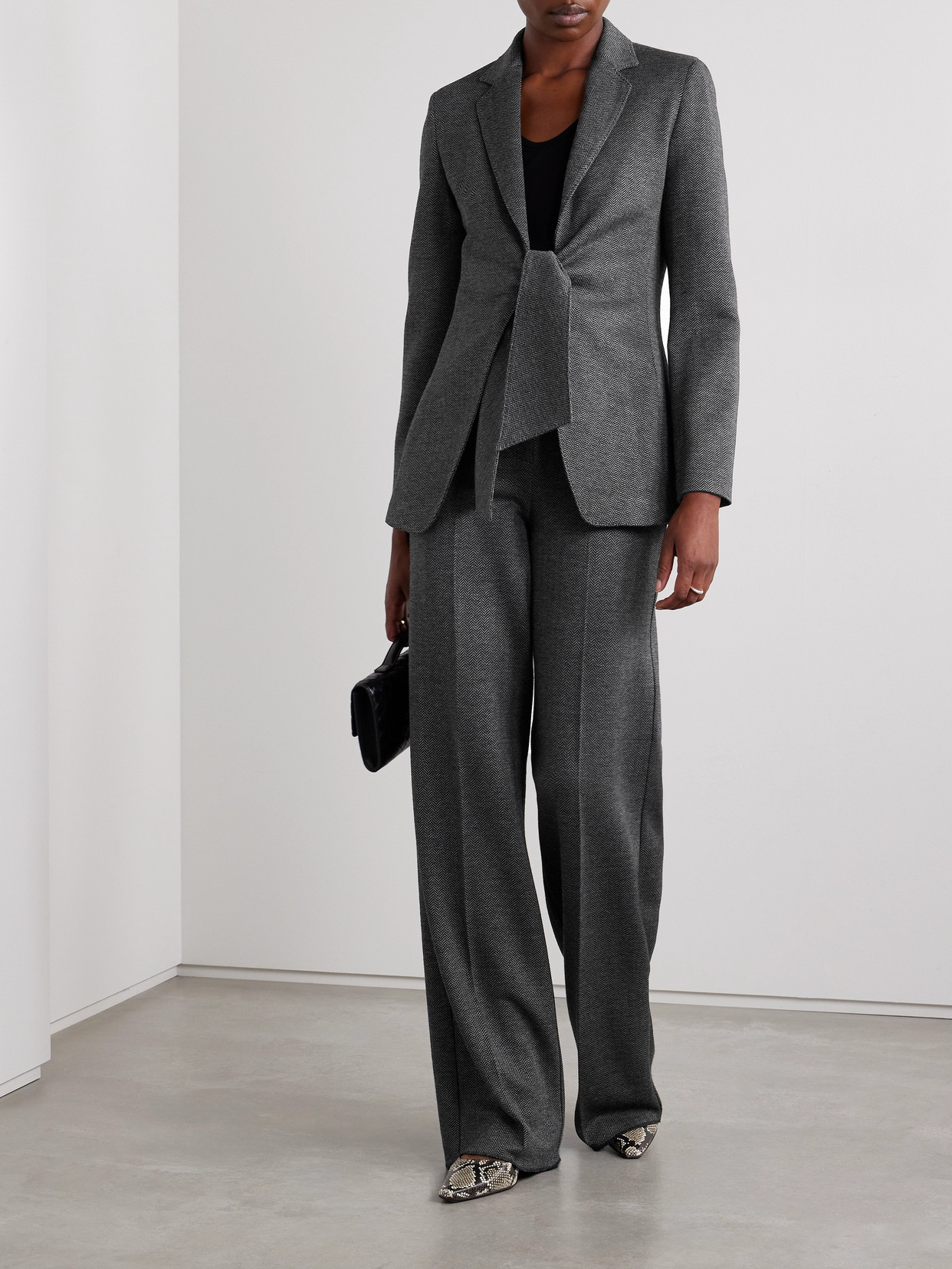 Max Mara Monia Tie-front Herringbone Wool-blend Blazer In Black