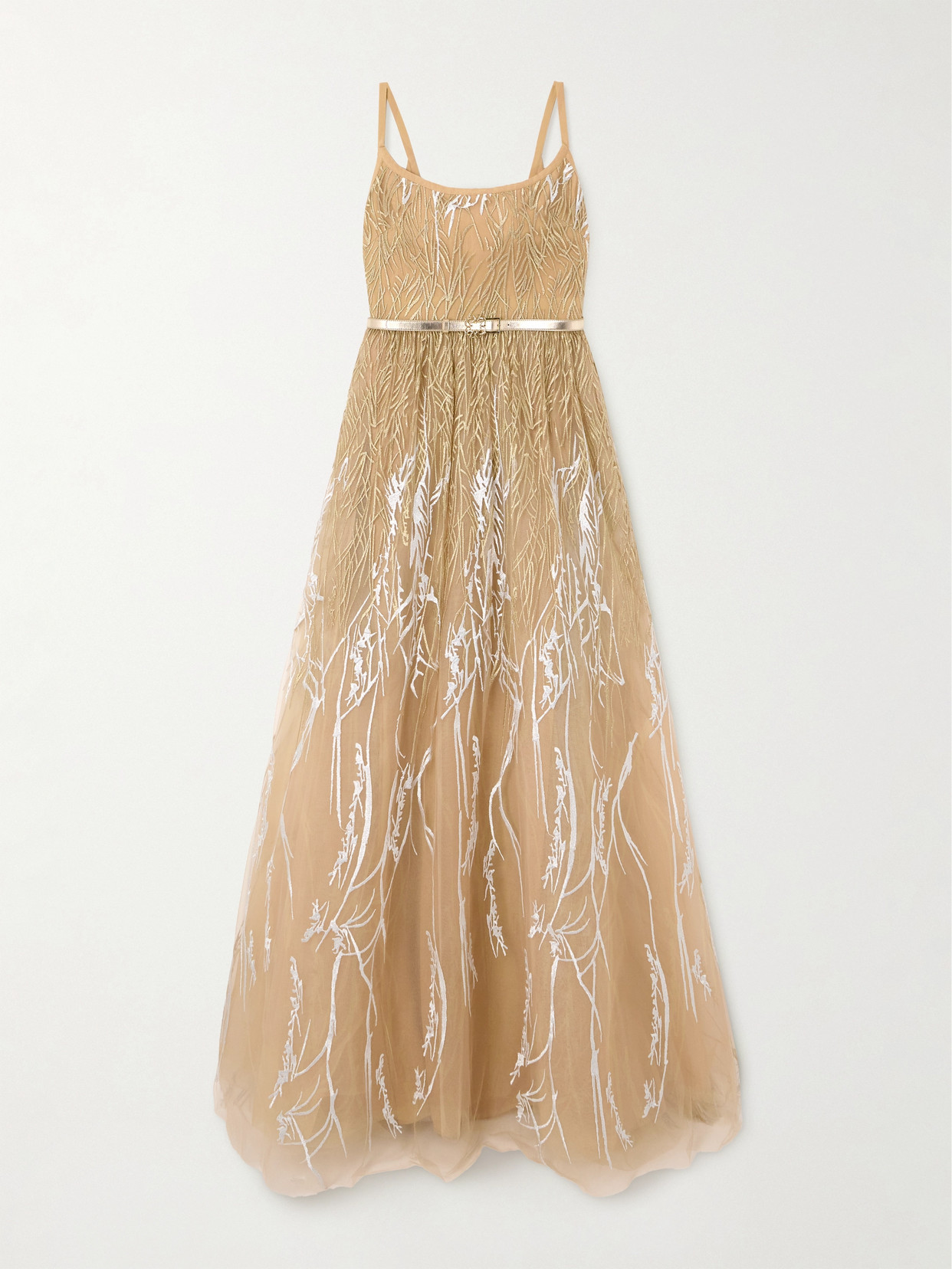 Elie Saab - Belted Metallic Embroidered Tulle Maxi Dress - Gold