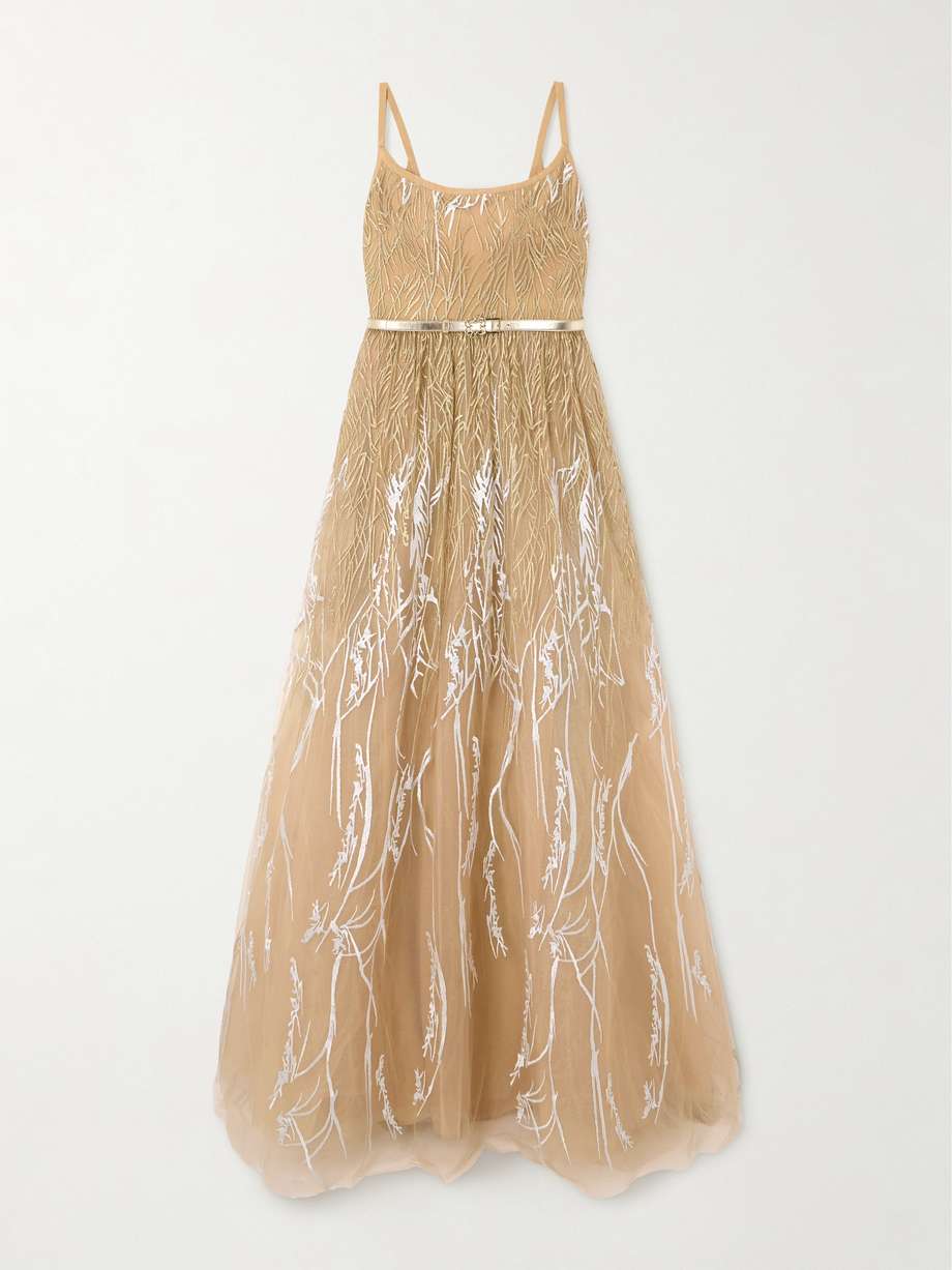 belted metallic embroidered tulle maxi dress