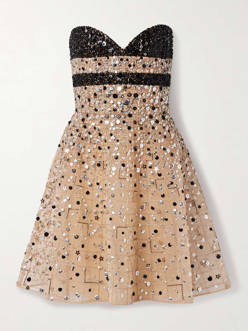 Elie Saab Strapless Embellished Tulle Mini Dress
