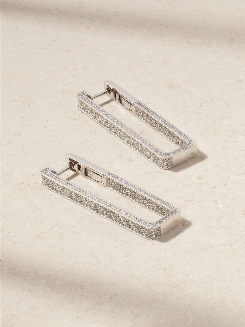 SHAY Elongated Deco Link 18-karat White Gold Diamond Earrings