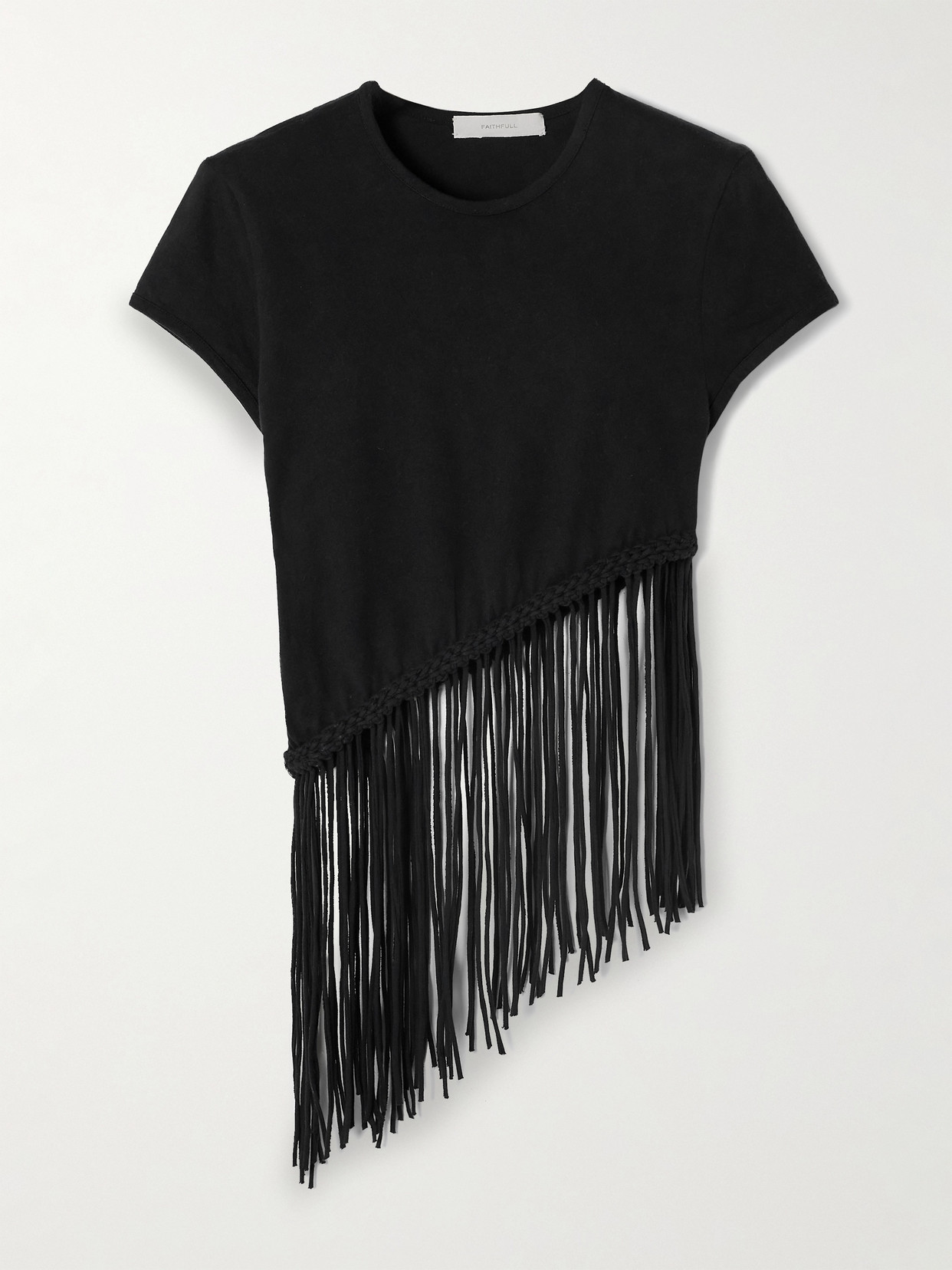 Faithfull The Brand Maceio Asymmetric Braided Fringed Cotton-jersey T-shirt In Black