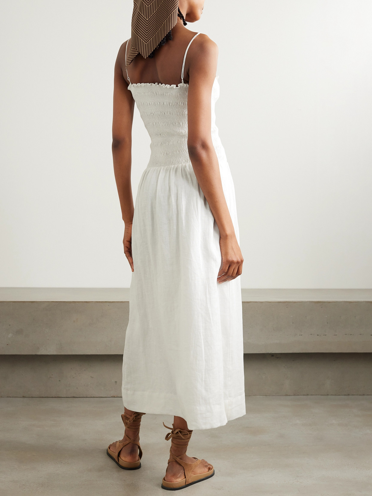FAITHFULL GERIBA SMOCKED LINEN MIDI DRESS