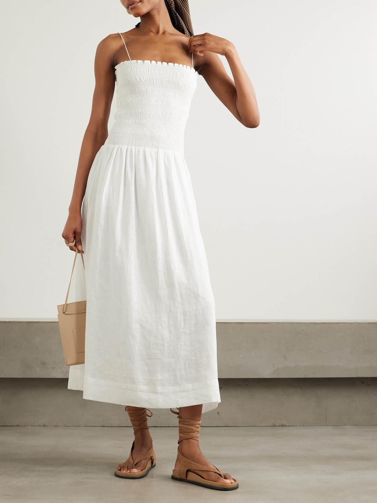FAITHFULL GERIBA SMOCKED LINEN MIDI DRESS