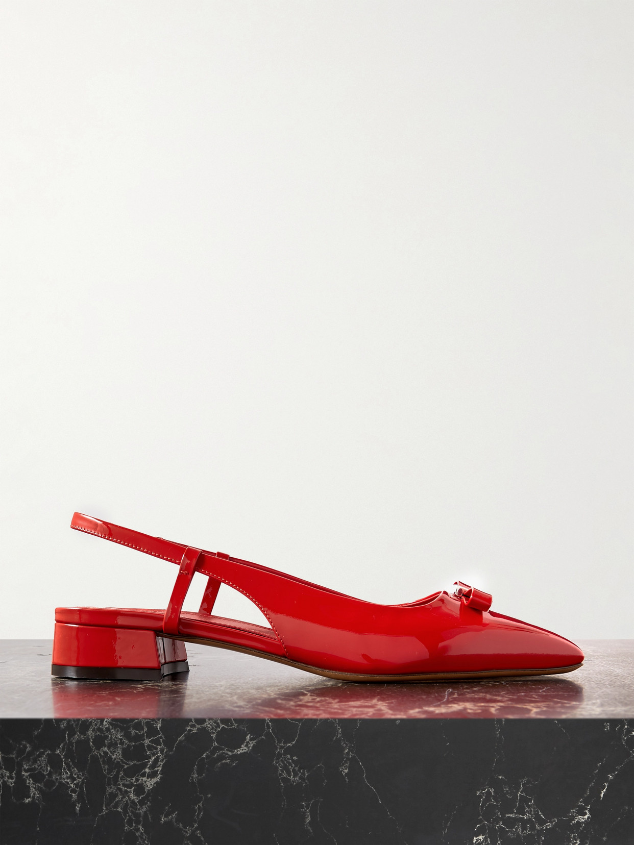 Shop Ferragamo Marlina Bow-embellished Patent-leather Slingback Flats In Red