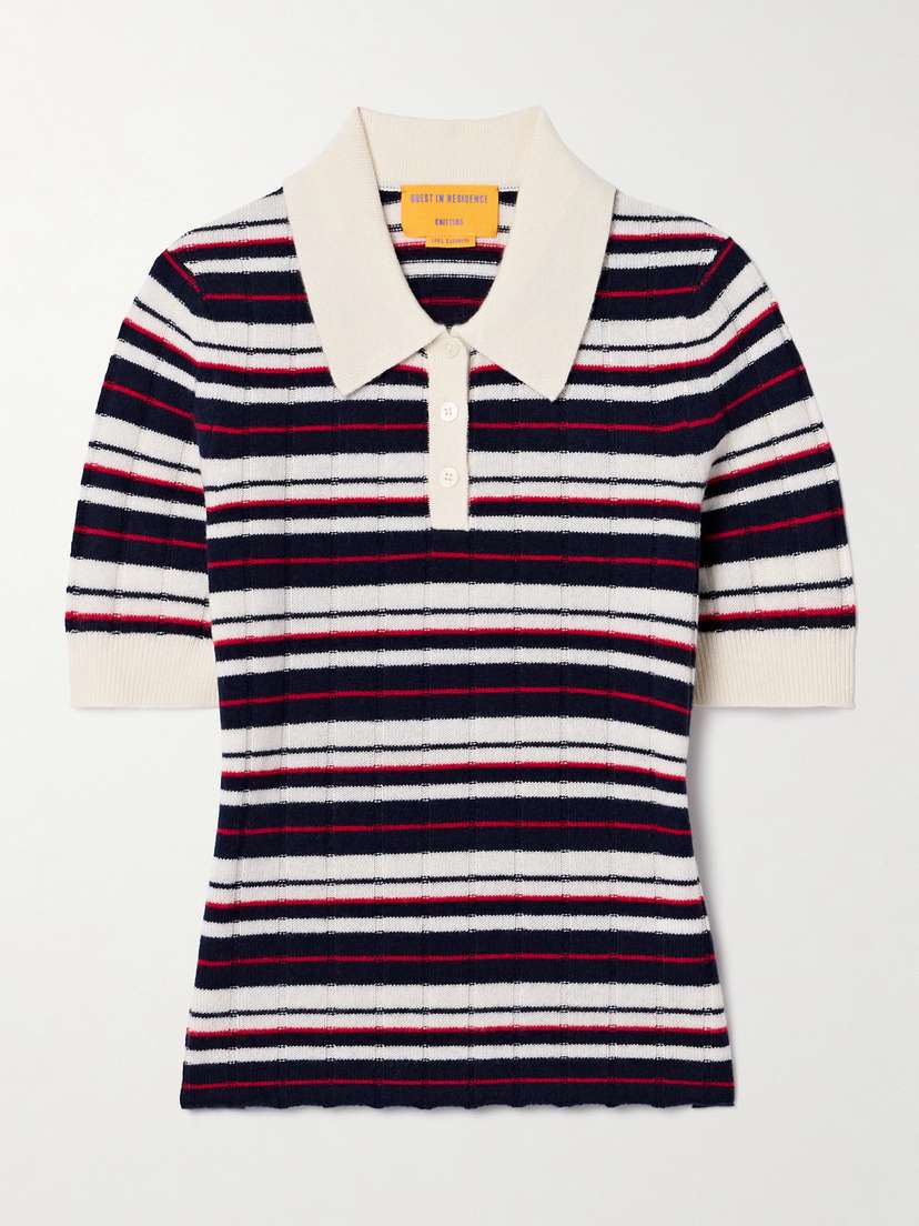 Guest In Residence Ribbed Striped Cashmere Polo Sweater - x large