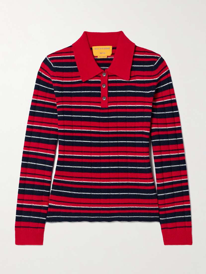 Guest In Residence Ribbed Striped Cashmere Polo Sweater - x large