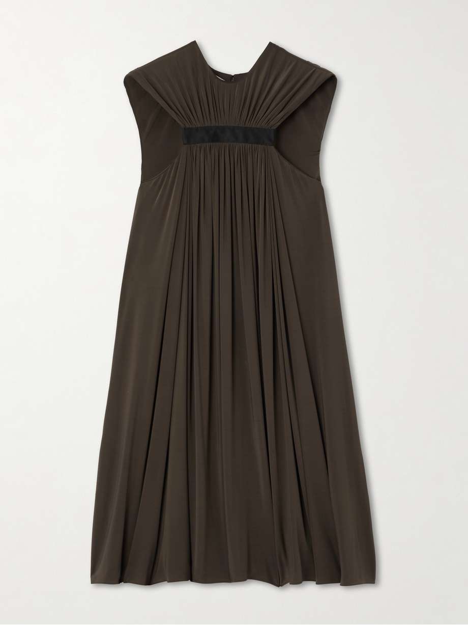 satin-trimmed gathered stretch-jersey mini dress