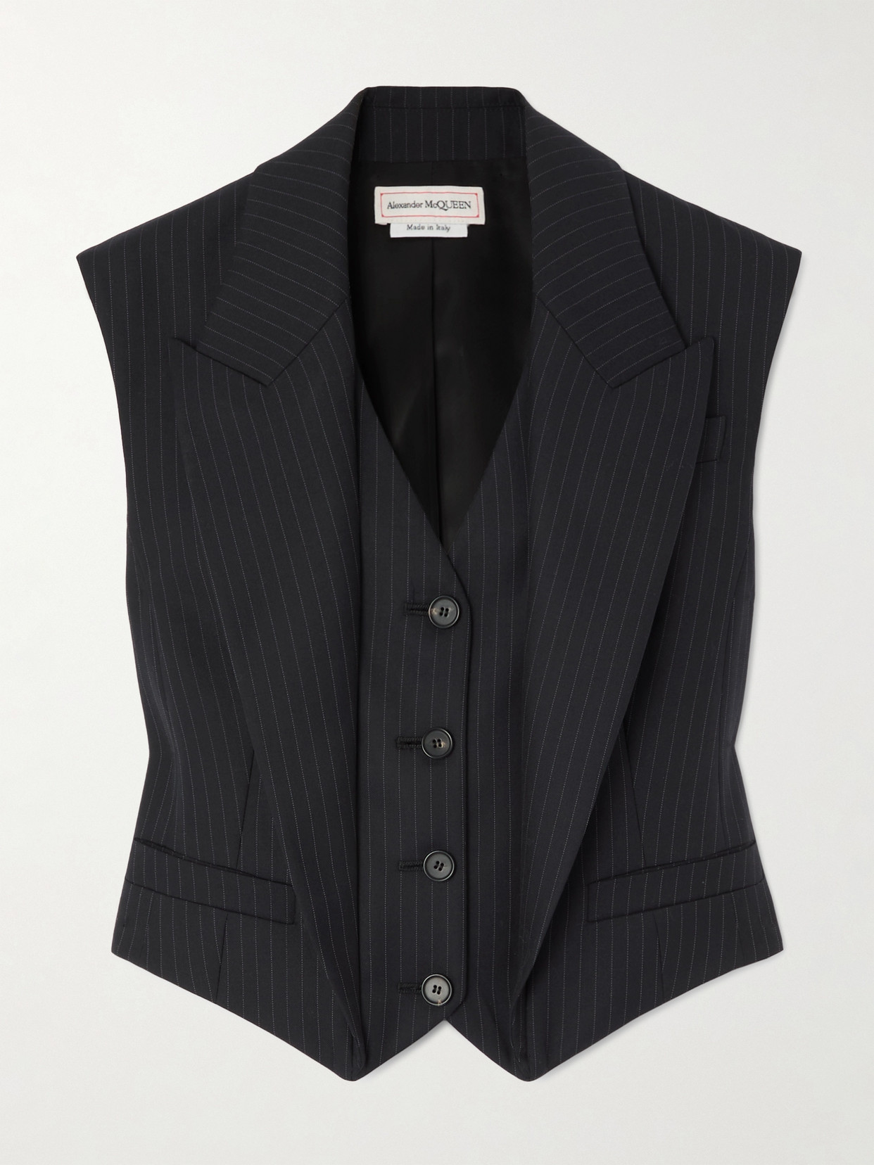 Alexander Mcqueen Paneled Pinstriped Wool Vest In Blue