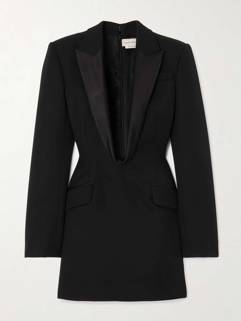 McQueen Draped Silk-blend Satin-trimmed Grain De Poudre Wool Mini Dress