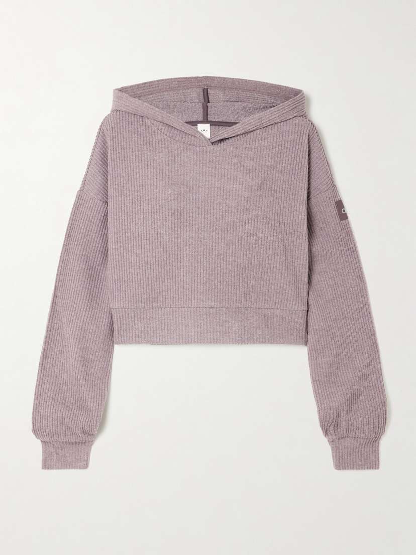 Alo Yoga Muse Cropped Ribbed Brushed-jersey Hoodie