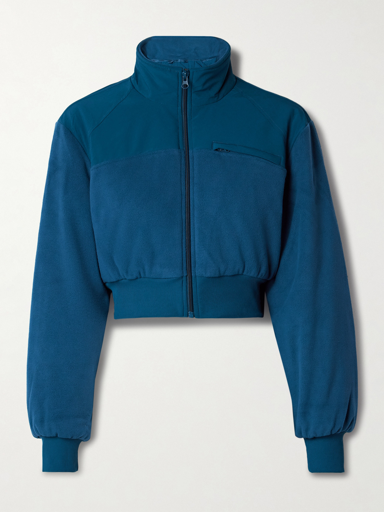 Shop Alo Yoga Wintry Mix Cropped Paneled Fleece And Shell Jacket In Blue
