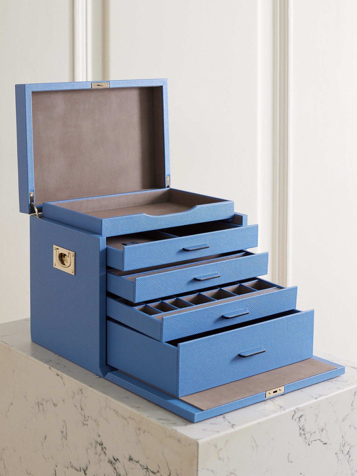SMYTHSON - Deluxe Panama Textured-leather Jewelry Box - Blue