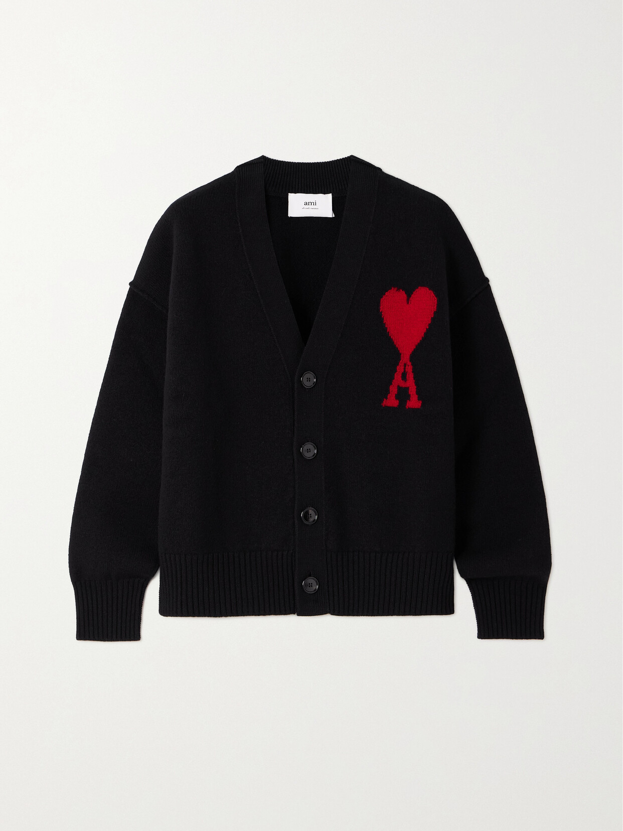 AMI ALEXANDRE MATTIUSSI + NET SUSTAIN INTARSIA MERINO WOOL CARDIGAN