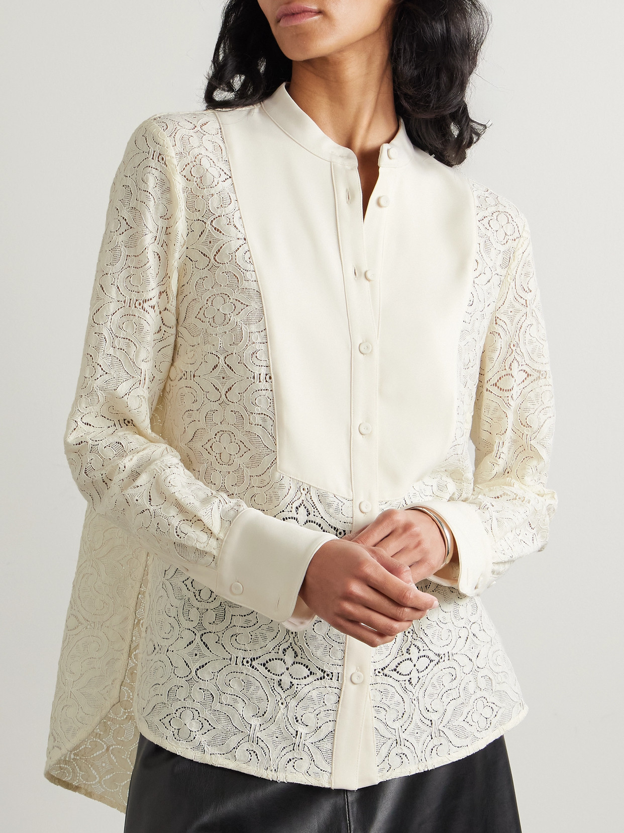 Veronica Beard Naya Crepe-trimmed Corded Lace Silk-blend Shirt In Ivory