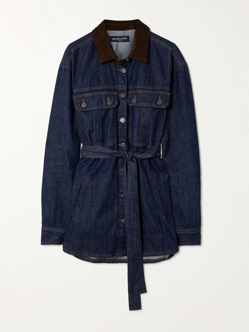 Veronica Beard Mikaela Belted Corduroy-trimmed Denim Jacket