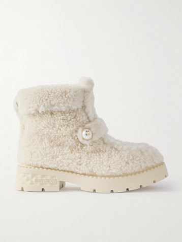 JIMMY CHOO Shea faux pearl-embellished shearling ankle boots